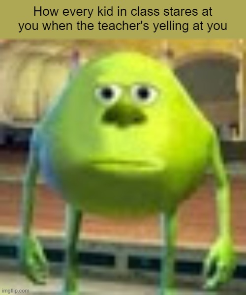 Anybody else experience this? |  How every kid in class stares at you when the teacher's yelling at you | image tagged in sully wazowski | made w/ Imgflip meme maker