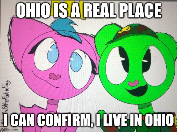 flippy x kitty drawn by Lolbit_TheBetterFuntimeFoxy | OHIO IS A REAL PLACE; I CAN CONFIRM, I LIVE IN OHIO | image tagged in flippy x kitty drawn by lolbit_thebetterfuntimefoxy | made w/ Imgflip meme maker