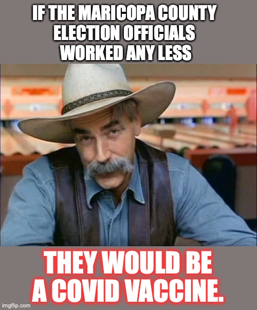 Two weeks to count an election? Nope! Definitely no fraud here. |  IF THE MARICOPA COUNTY 
ELECTION OFFICIALS 
WORKED ANY LESS; THEY WOULD BE A COVID VACCINE. | image tagged in maricopa,arizona,2022,voting,fraud,election | made w/ Imgflip meme maker