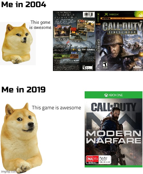 Me in 2004; This game is awesome; Me in 2019; This game is awesome | made w/ Imgflip meme maker