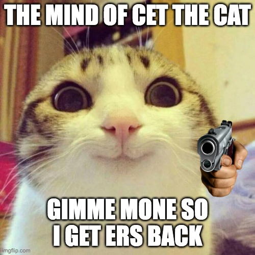 Smiling Cat Meme | THE MIND OF CET THE CAT; GIMME MONE SO I GET ERS BACK | image tagged in memes,smiling cat | made w/ Imgflip meme maker