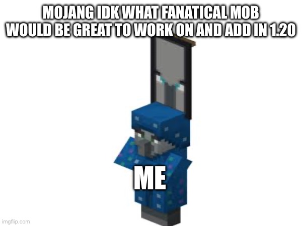 What else should be in 1.20 | MOJANG IDK WHAT FANATICAL MOB WOULD BE GREAT TO WORK ON AND ADD IN 1.20; ME | image tagged in minecraft | made w/ Imgflip meme maker