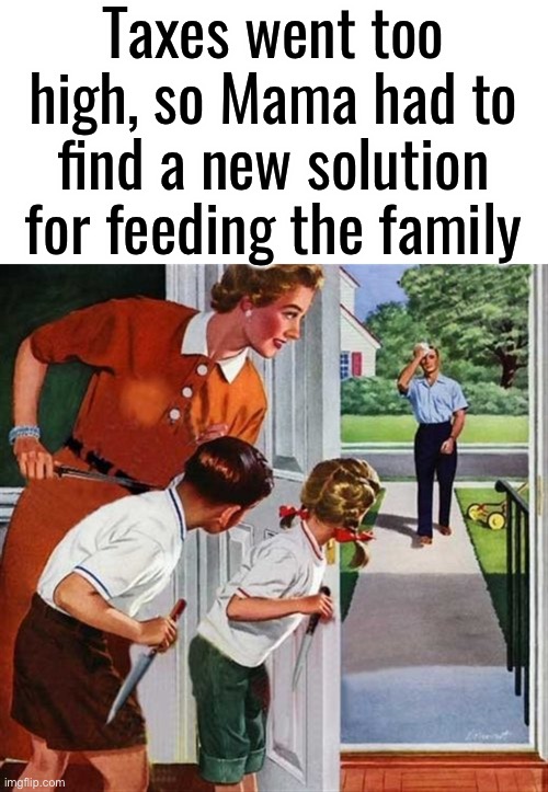 oop mom | Taxes went too high, so Mama had to find a new solution for feeding the family | image tagged in family knives | made w/ Imgflip meme maker