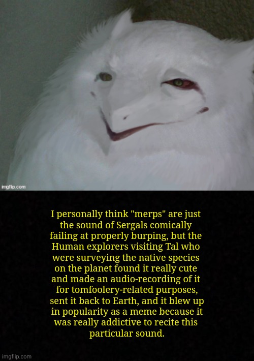 *merps in sadness due to the inability to properly burp because of having a crippling addiction to drinking Pepsi* | I personally think "merps" are just 
the sound of Sergals comically 
failing at properly burping, but the 
Human explorers visiting Tal who 
were surveying the native species 
on the planet found it really cute 
and made an audio-recording of it 
for tomfoolery-related purposes,
sent it back to Earth, and it blew up
in popularity as a meme because it
was really addictive to recite this 
particular sound. | image tagged in simothefinlandized,sergals,merp,shower thoughts,furry memes | made w/ Imgflip meme maker