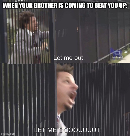 LET ME OUTTTT | WHEN YOUR BROTHER IS COMING TO BEAT YOU UP: | image tagged in let me out | made w/ Imgflip meme maker