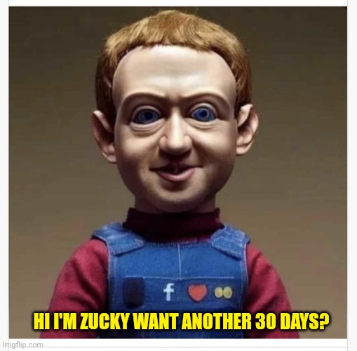 Zucky | HI I'M ZUCKY WANT ANOTHER 30 DAYS? | image tagged in zucky | made w/ Imgflip meme maker