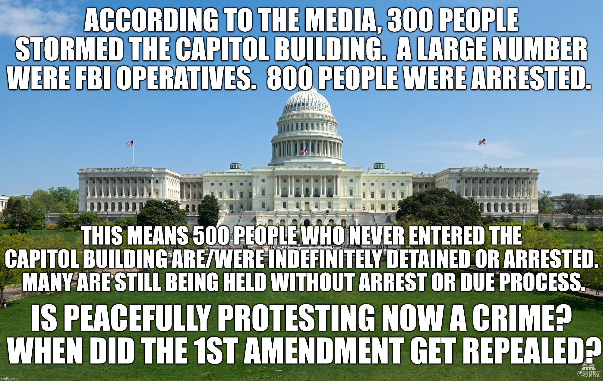 The only crimes that were committed were committed by the FBI but innocent people are taking the fall. | ACCORDING TO THE MEDIA, 300 PEOPLE STORMED THE CAPITOL BUILDING.  A LARGE NUMBER WERE FBI OPERATIVES.  800 PEOPLE WERE ARRESTED. THIS MEANS 500 PEOPLE WHO NEVER ENTERED THE CAPITOL BUILDING ARE/WERE INDEFINITELY DETAINED OR ARRESTED.  MANY ARE STILL BEING HELD WITHOUT ARREST OR DUE PROCESS. IS PEACEFULLY PROTESTING NOW A CRIME?  WHEN DID THE 1ST AMENDMENT GET REPEALED? | image tagged in this is what tyranny looks like,fbi was ordered to make trump look bad,there was no insurrection | made w/ Imgflip meme maker