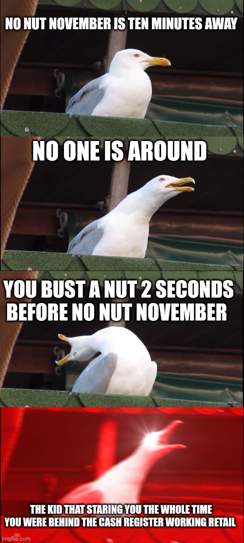 Inhaling Seagull Meme | NO NUT NOVEMBER IS TEN MINUTES AWAY; NO ONE IS AROUND; YOU BUST A NUT 2 SECONDS BEFORE NO NUT NOVEMBER; THE KID THAT STARING YOU THE WHOLE TIME YOU WERE BEHIND THE CASH REGISTER WORKING RETAIL | image tagged in memes,inhaling seagull | made w/ Imgflip meme maker