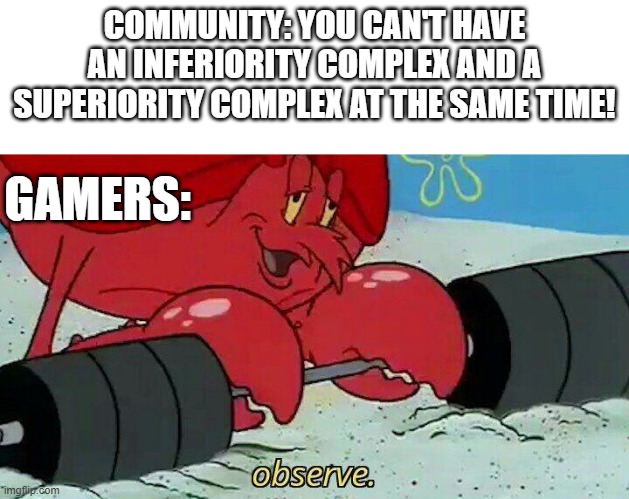 Observe | COMMUNITY: YOU CAN'T HAVE AN INFERIORITY COMPLEX AND A SUPERIORITY COMPLEX AT THE SAME TIME! GAMERS: | image tagged in observe | made w/ Imgflip meme maker