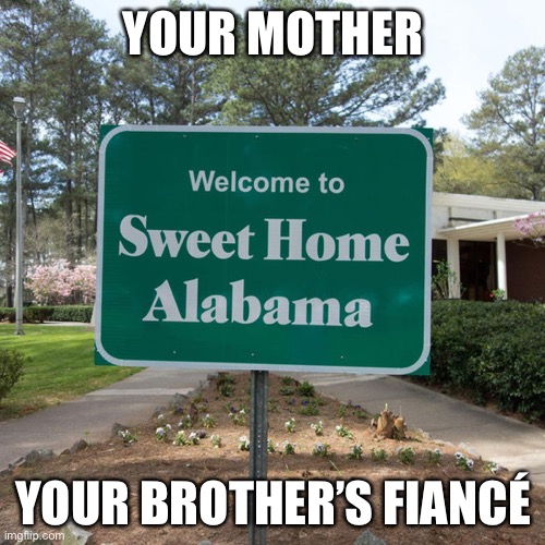 Welcome to sweet home Alabama | YOUR MOTHER YOUR BROTHER’S FIANCÉ | image tagged in welcome to sweet home alabama | made w/ Imgflip meme maker