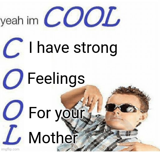 Lol | I have strong; Feelings; For your; Mother | image tagged in yeah im cool | made w/ Imgflip meme maker