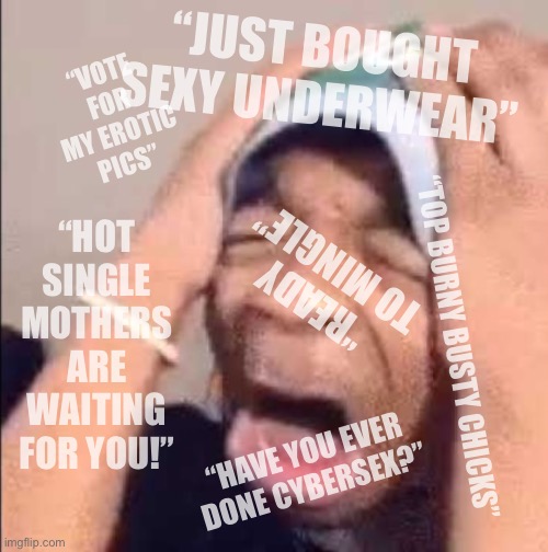 Mildésmallington bot crisis | “VOTE FOR MY EROTIC PICS”; “JUST BOUGHT SEXY UNDERWEAR”; “HOT SINGLE MOTHERS ARE WAITING FOR YOU!”; “READY TO MINGLE”; “TOP BURNY BUSTY CHICKS”; “HAVE YOU EVER DONE CYBERSEX?” | made w/ Imgflip meme maker