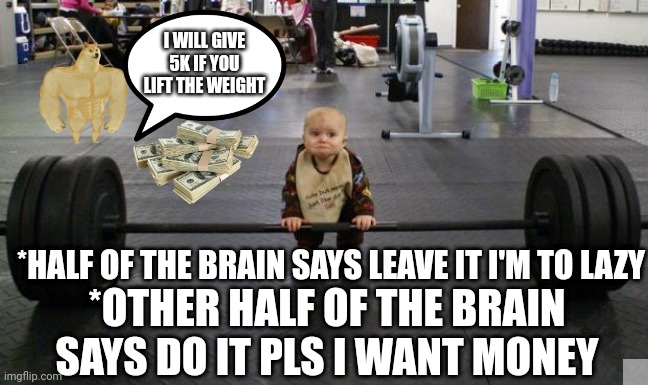 Buff | I WILL GIVE 5K IF YOU LIFT THE WEIGHT; *HALF OF THE BRAIN SAYS LEAVE IT I'M TO LAZY; *OTHER HALF OF THE BRAIN SAYS DO IT PLS I WANT MONEY | image tagged in baby weight lifter | made w/ Imgflip meme maker