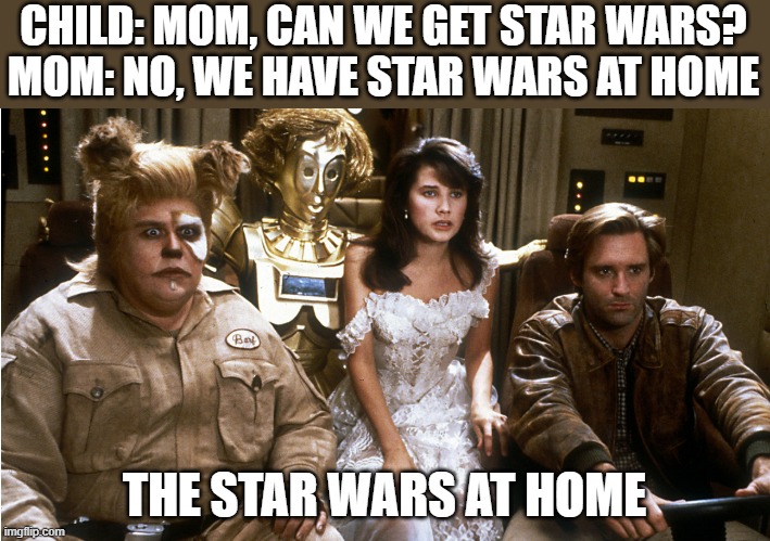 Spaceballs are really funny | CHILD: MOM, CAN WE GET STAR WARS?
MOM: NO, WE HAVE STAR WARS AT HOME; THE STAR WARS AT HOME | made w/ Imgflip meme maker