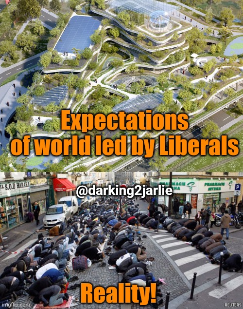 Progressiveness! | Expectations of world led by Liberals; @darking2jarlie; Reality! | image tagged in liberals,stupid liberals,liberal hypocrisy,radical islam,democrats,liberalism | made w/ Imgflip meme maker