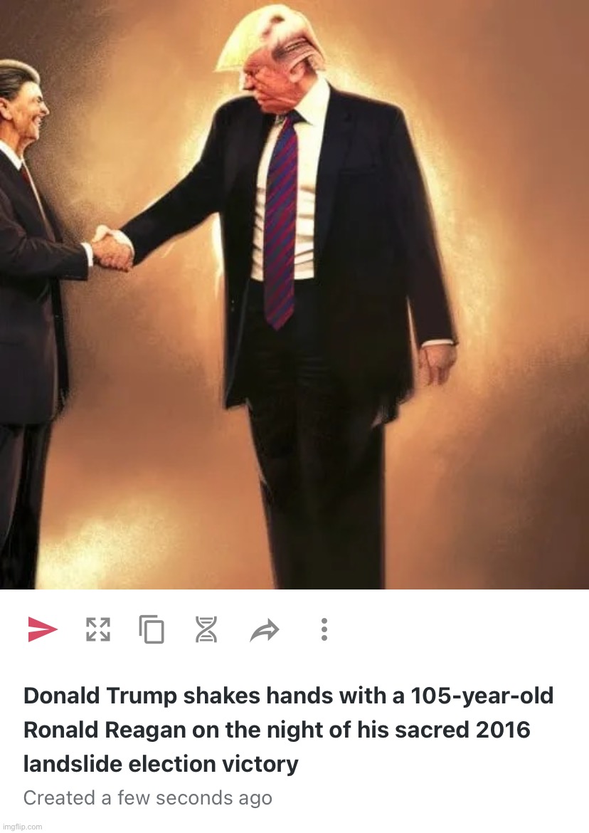 The Gipper would have been 105 years young if he’d lived to see that glorious day. The precious moment lives on here. | image tagged in donald trump shakes hands with a 105-year-old ronald reagan on t,ronald reagan,donald trump,sacred,landslide,victory | made w/ Imgflip meme maker