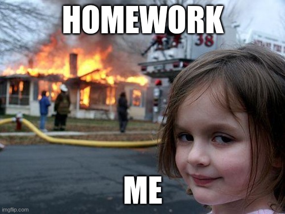 Disaster Girl | HOMEWORK; ME | image tagged in memes,disaster girl | made w/ Imgflip meme maker