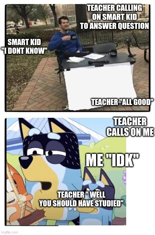 TEACHER CALLING ON SMART KID TO ANSWER QUESTION; SMART KID "I DONT KNOW"; TEACHER "ALL GOOD"; TEACHER CALLS ON ME; ME "IDK"; TEACHER " WELL YOU SHOULD HAVE STUDIED" | made w/ Imgflip meme maker