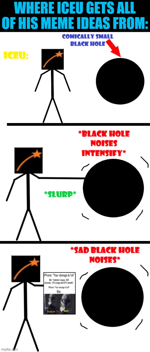 Iceu I discovered the truth about your memes! | WHERE ICEU GETS ALL OF HIS MEME IDEAS FROM: | image tagged in funny,memes,funny memes,iceu,black hole,just a tag | made w/ Imgflip meme maker