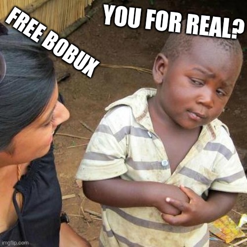 FR???? | YOU FOR REAL? FREE BOBUX | image tagged in memes,third world skeptical kid | made w/ Imgflip meme maker