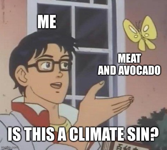 Is This A Pigeon Meme | ME; MEAT AND AVOCADO; IS THIS A CLIMATE SIN? | image tagged in memes,is this a pigeon | made w/ Imgflip meme maker