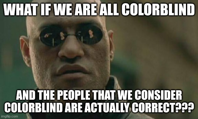 Matrix Morpheus | WHAT IF WE ARE ALL COLORBLIND; AND THE PEOPLE THAT WE CONSIDER COLORBLIND ARE ACTUALLY CORRECT??? | image tagged in memes,matrix morpheus | made w/ Imgflip meme maker