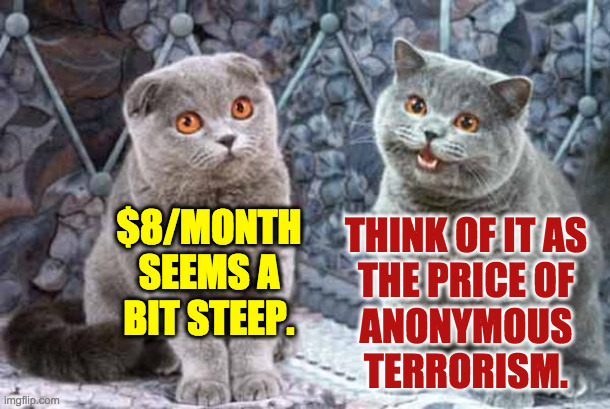 sad cat happy cat | $8/MONTH
SEEMS A
BIT STEEP. THINK OF IT AS
THE PRICE OF
ANONYMOUS
TERRORISM. | image tagged in sad cat happy cat | made w/ Imgflip meme maker