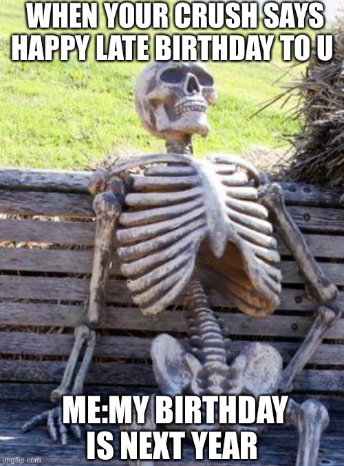 Me trying to talk to my crush be like: | WHEN YOUR CRUSH SAYS HAPPY LATE BIRTHDAY TO U; ME:MY BIRTHDAY IS NEXT YEAR | image tagged in memes,waiting skeleton,crush | made w/ Imgflip meme maker