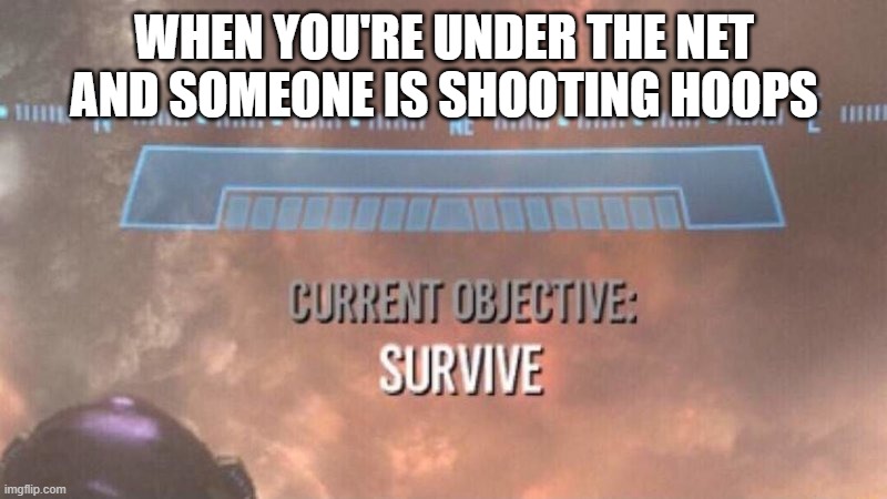 Everyone loves basketball | WHEN YOU'RE UNDER THE NET AND SOMEONE IS SHOOTING HOOPS | image tagged in current objective survive | made w/ Imgflip meme maker