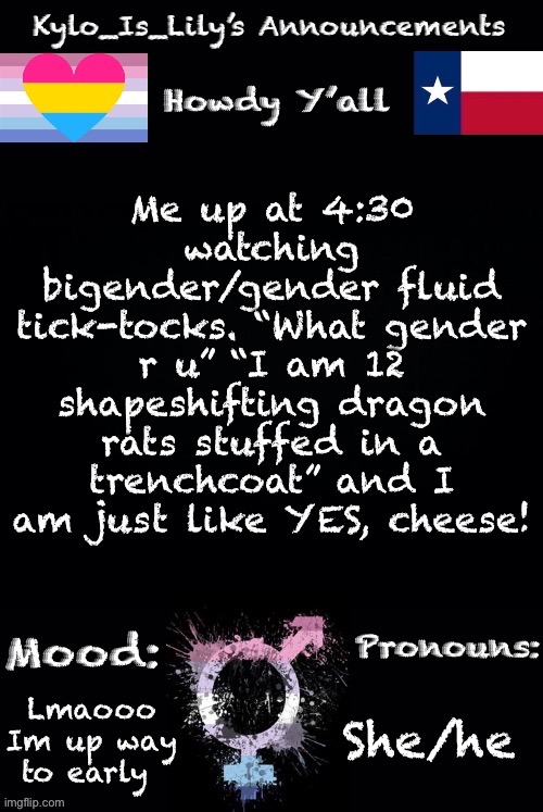 Hahaha masc/fem simultaneous moment | Me up at 4:30 watching bigender/gender fluid tick-tocks. “What gender r u” “I am 12 shapeshifting dragon rats stuffed in a trenchcoat” and I am just like YES, cheese! She/he; Lmaooo Im up way to early | image tagged in lilys new temp | made w/ Imgflip meme maker
