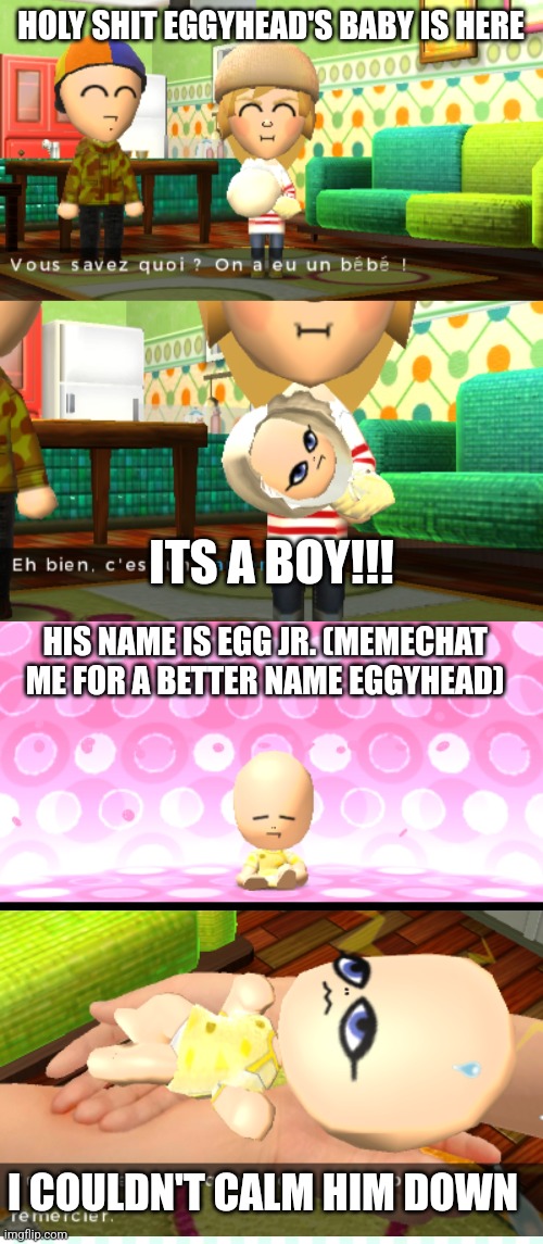 FINNALLY! | HOLY SHIT EGGYHEAD'S BABY IS HERE; ITS A BOY!!! HIS NAME IS EGG JR. (MEMECHAT ME FOR A BETTER NAME EGGYHEAD); I COULDN'T CALM HIM DOWN | made w/ Imgflip meme maker