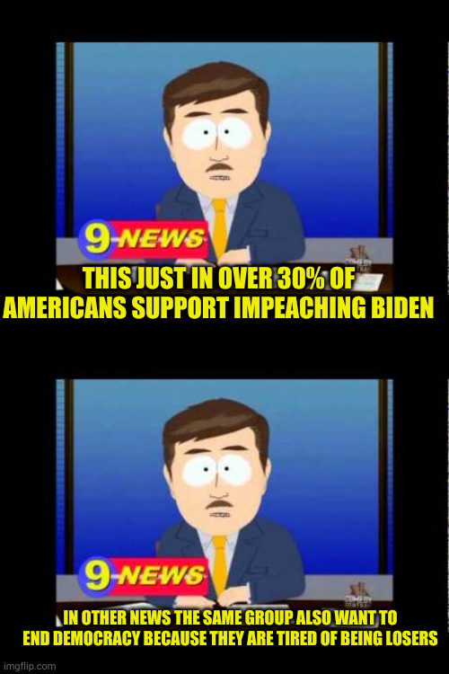 Funny how the real majority gets no mention huh? | THIS JUST IN OVER 30% OF AMERICANS SUPPORT IMPEACHING BIDEN; IN OTHER NEWS THE SAME GROUP ALSO WANT TO END DEMOCRACY BECAUSE THEY ARE TIRED OF BEING LOSERS | image tagged in south park news reporter | made w/ Imgflip meme maker