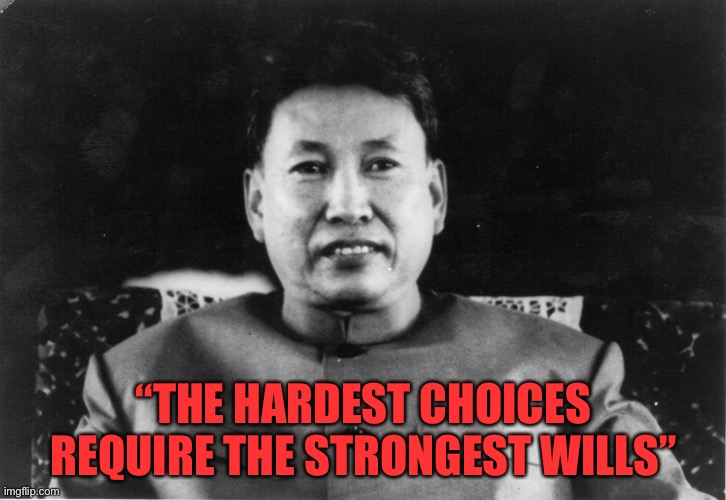 Bc he killed 50% of his population | “THE HARDEST CHOICES REQUIRE THE STRONGEST WILLS” | image tagged in pol pot love,thanos,dark humor,funny,death | made w/ Imgflip meme maker