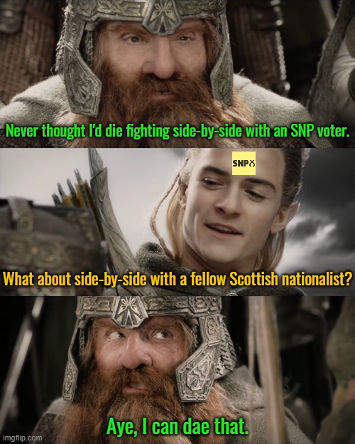 We want Indyref2, it's really that simple. Looking at you *cough* Supreme Court *cough* |  Never thought I'd die fighting side-by-side with an SNP voter. What about side-by-side with a fellow Scottish nationalist? Aye, I can dae that. | image tagged in aye i could do that blank,scotland,snp | made w/ Imgflip meme maker