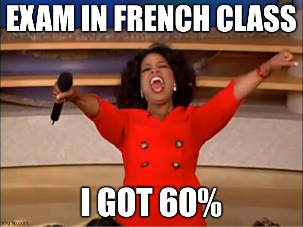 Oprah You Get A | EXAM IN FRENCH CLASS; I GOT 60% | image tagged in memes,oprah you get a | made w/ Imgflip meme maker