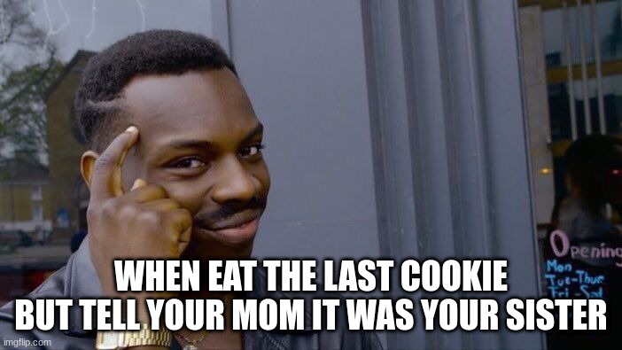 Roll Safe Think About It Meme | WHEN EAT THE LAST COOKIE BUT TELL YOUR MOM IT WAS YOUR SISTER | image tagged in memes,roll safe think about it | made w/ Imgflip meme maker