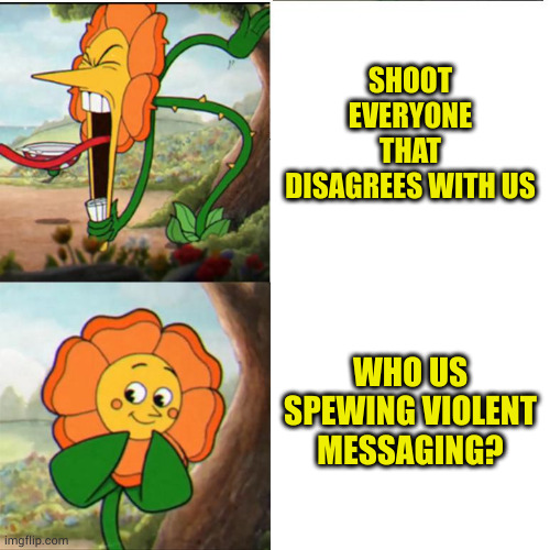 The personal responsibility crowd that never admits their responsibility | SHOOT EVERYONE THAT DISAGREES WITH US; WHO US SPEWING VIOLENT MESSAGING? | image tagged in cuphead flower | made w/ Imgflip meme maker