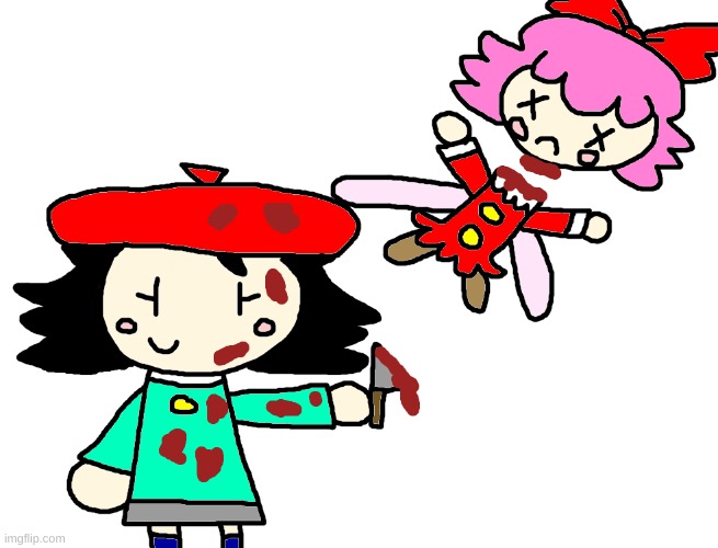 Adeleine can't stop murdering Ribbon (HAHAHAHA) | image tagged in kirby,adeleine,ribbon,gore,blood,funny | made w/ Imgflip meme maker