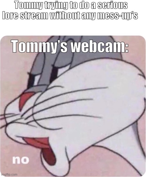 Bugs Bunny No | Tommy trying to do a serious lore stream without any mess-up’s; Tommy’s webcam: | image tagged in bugs bunny no | made w/ Imgflip meme maker