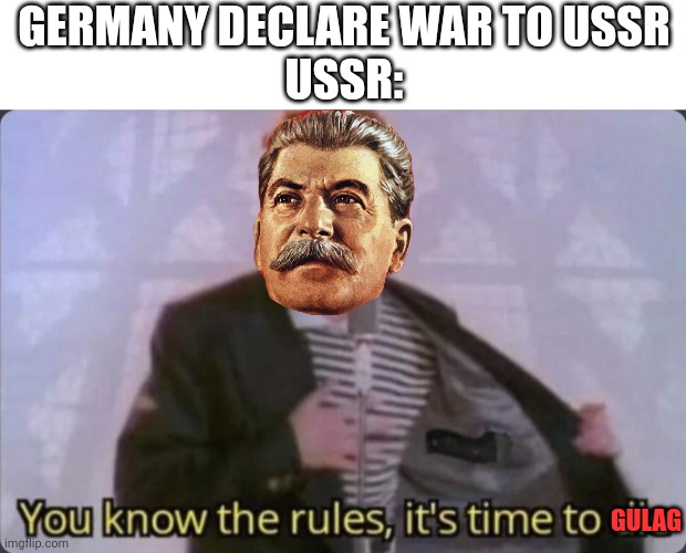 you don't know the rules? Gulag! | GERMANY DECLARE WAR TO USSR
USSR:; GULAG | image tagged in you know the rules it's time to die,rick astley,stalin,soviet union,russia,ww2 | made w/ Imgflip meme maker