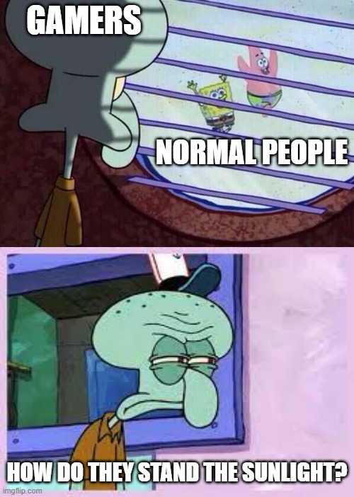 I'm a gamer myself, and I haven't seen natural sunlight in years! | GAMERS; NORMAL PEOPLE; HOW DO THEY STAND THE SUNLIGHT? | image tagged in squidward window | made w/ Imgflip meme maker