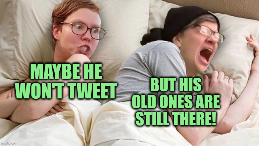 The Twittering | MAYBE HE WON'T TWEET BUT HIS OLD ONES ARE STILL THERE! | image tagged in stop talking abouttrump | made w/ Imgflip meme maker