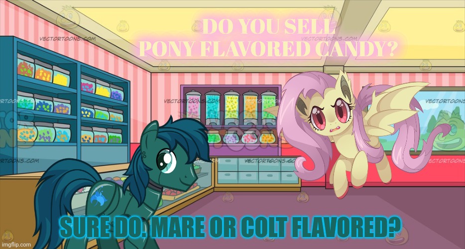 Flutterbat goes shopping | DO YOU SELL PONY FLAVORED CANDY? SURE DO. MARE OR COLT FLAVORED? | image tagged in mlp candy shop,shopping,flutterbat,robot pony | made w/ Imgflip meme maker