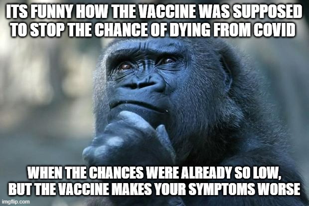 Deep Thoughts | ITS FUNNY HOW THE VACCINE WAS SUPPOSED TO STOP THE CHANCE OF DYING FROM COVID; WHEN THE CHANCES WERE ALREADY SO LOW, BUT THE VACCINE MAKES YOUR SYMPTOMS WORSE | image tagged in deep thoughts | made w/ Imgflip meme maker