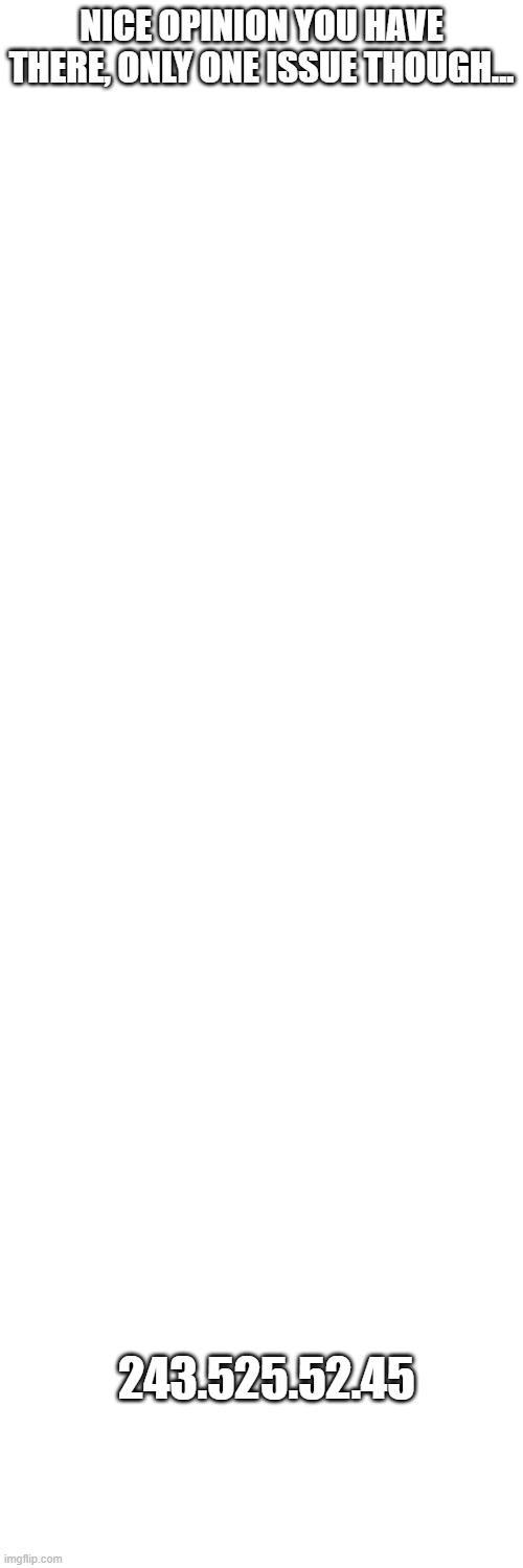 NICE OPINION YOU HAVE THERE, ONLY ONE ISSUE THOUGH... 243.525.52.45 | image tagged in blank white template | made w/ Imgflip meme maker
