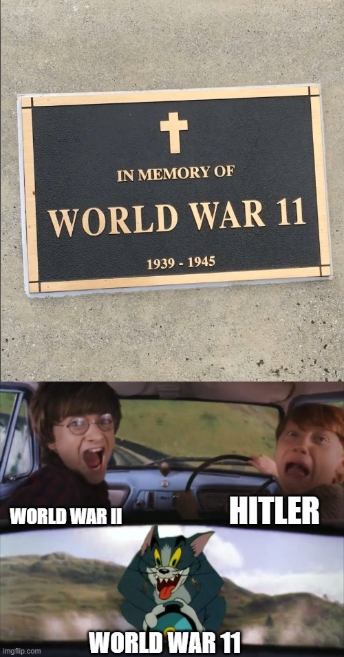 HITLER; WORLD WAR II; WORLD WAR 11 | image tagged in tom chasing harry and ron weasly | made w/ Imgflip meme maker