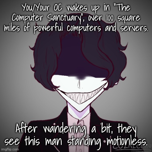 Mild horror/FNF(?) RP! No joke or OP OCs, no killing him, no escaping, and no Dragnoc! | You/Your OC wakes up in "The Computer Sanctuary", over 100 square miles of powerful computers and servers. After wandering a bit, they see this man standing motionless. | made w/ Imgflip meme maker