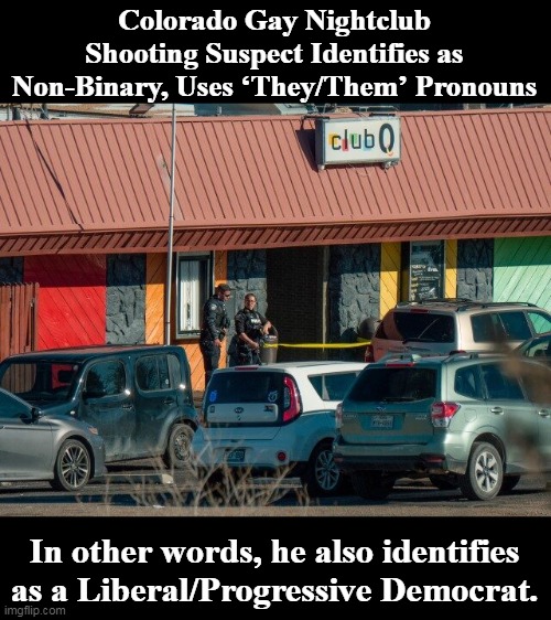Yet another liberal narrative shot down by the truth. | Colorado Gay Nightclub Shooting Suspect Identifies as Non-Binary, Uses ‘They/Them’ Pronouns; In other words, he also identifies as a Liberal/Progressive Democrat. | image tagged in democrats,violence,gun violence,criminals,liberals | made w/ Imgflip meme maker