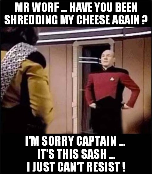 Harsh Words On The Enterprise ! | MR WORF ... HAVE YOU BEEN SHREDDING MY CHEESE AGAIN ? I'M SORRY CAPTAIN ... 
IT'S THIS SASH ...
I JUST CAN'T RESIST ! | image tagged in fun,star trek the next generation,cheese | made w/ Imgflip meme maker