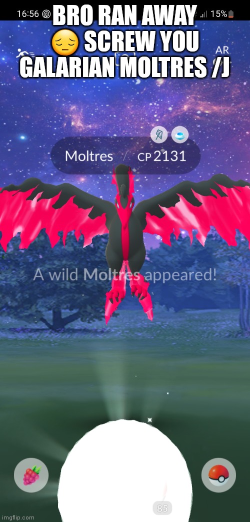 My first encounter as well | BRO RAN AWAY 😔 SCREW YOU GALARIAN MOLTRES /J | made w/ Imgflip meme maker